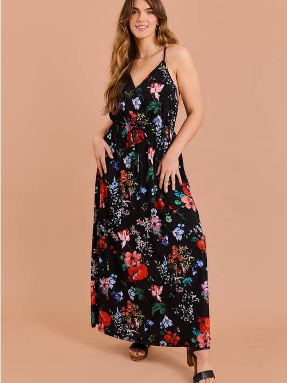 Floral Black V-Neck Maxi Dress - Sleeveless Summer Dress